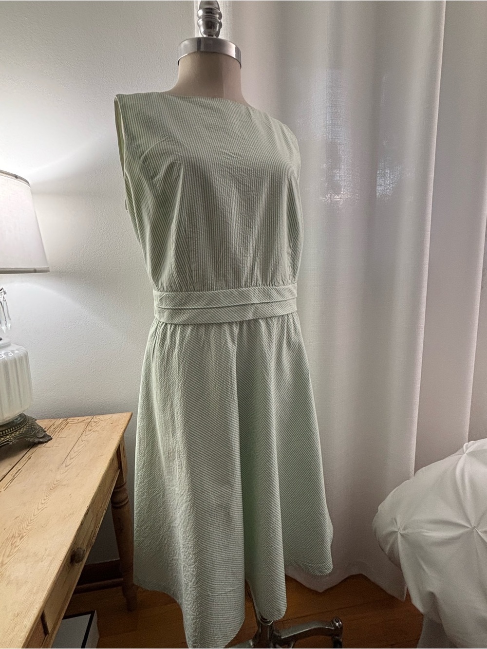 Brooks Brothers 346 Pale Green & White Seersucker Lined Dress, 14, VGUC